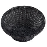 A round, empty black handwoven basket with a wide opening and intricate weaving pattern. The TableCraft 12129 features a slightly flared rim and textured base, giving this decorative round polypropylene basket a sturdy, elegant look.