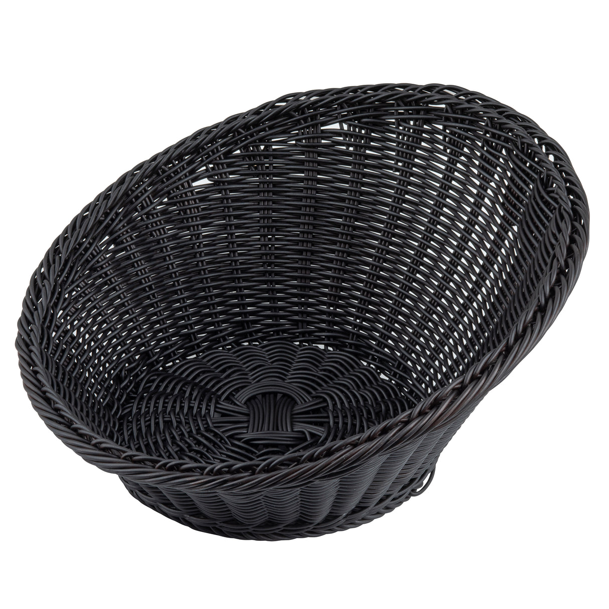 A black, oval-shaped handwoven basket with a deep, open design and tightly woven pattern. The basket has a slightly flared rim and visible texture, creating a sturdy and elegant appearance. The background is plain white.
