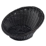 A black, oval-shaped handwoven basket with a deep, open design and tightly woven pattern. The basket has a slightly flared rim and visible texture, creating a sturdy and elegant appearance. The background is plain white.