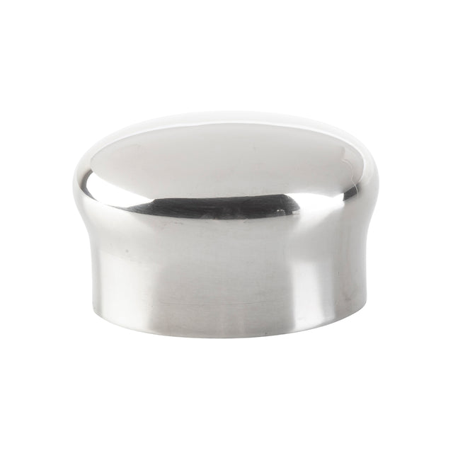 A shiny, cylindrical, stainless steel object with a rounded, dome-shaped top. Its smooth, reflective surface resembles a replacement cap for a cocktail shaker. The background is plain white with no distinguishing marks or textures.