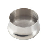 A shiny, metallic, round bowl with smooth sides and a slightly flared rim sits on a white background. The bowl is empty, and its brushed stainless steel texture gleams—reminiscent of a cocktail shaker’s polished finish.