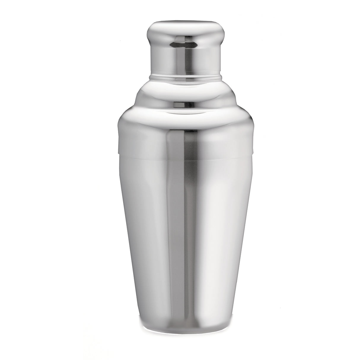 A shiny, stainless steel cocktail shaker stands upright against a plain white background. Part of a premium bar shaker set, it has a smooth, reflective surface and classic tapered design with a rounded cap—and it's dishwasher safe for easy cleanup.