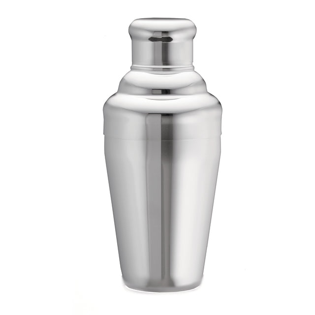 A shiny, stainless steel cocktail shaker stands upright against a plain white background. Part of a premium bar shaker set, it has a smooth, reflective surface and classic tapered design with a rounded cap—and it's dishwasher safe for easy cleanup.