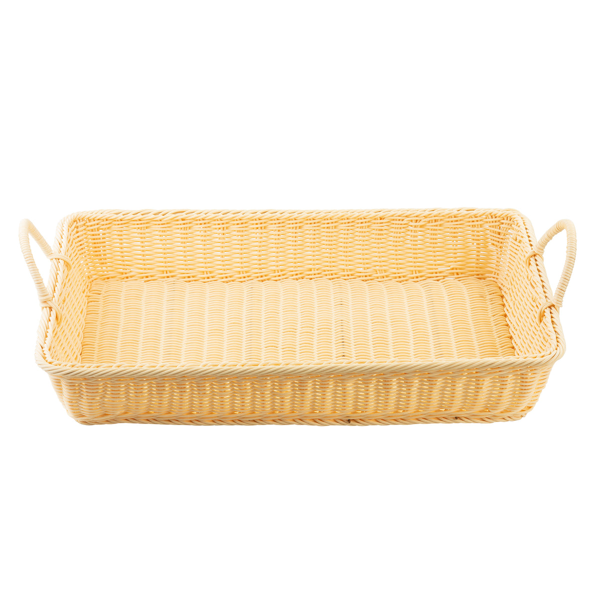 A rectangular basket with two side handles, light beige in color, sits empty against a white background. The handwoven basket features a woven pattern and slightly raised edges for added style and functionality.