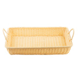 A rectangular basket with two side handles, light beige in color, sits empty against a white background. The handwoven basket features a woven pattern and slightly raised edges for added style and functionality.