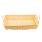 A rectangular basket with two side handles, light beige in color, sits empty against a white background. The handwoven basket features a woven pattern and slightly raised edges for added style and functionality.