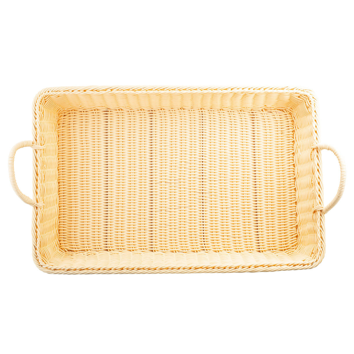 Rectangular, light tan handwoven basket with two handles, one on each short side. The empty basket is viewed from above on a white background, highlighting its woven texture and even, raised edges.