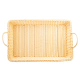 Rectangular, light tan handwoven basket with two handles, one on each short side. The empty basket is viewed from above on a white background, highlighting its woven texture and even, raised edges.