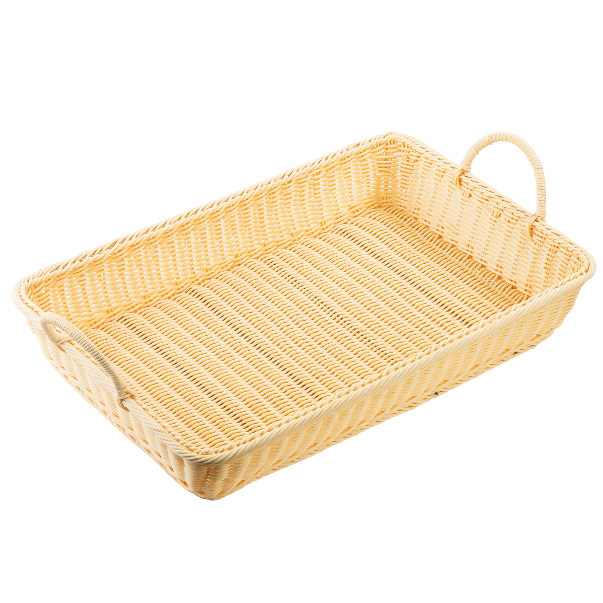 A rectangular, light-colored handwoven basket with two handles on opposite sides. The basket has a tight weaving pattern on the bottom and sides, giving it a sturdy appearance. The handles are rounded and integrated into the basket’s design.