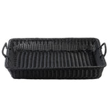 A rectangular black handwoven basket with handles on both short sides. The basket features a woven pattern and slightly raised sides, perfect for carrying or holding items. It is empty and photographed against a plain white background.