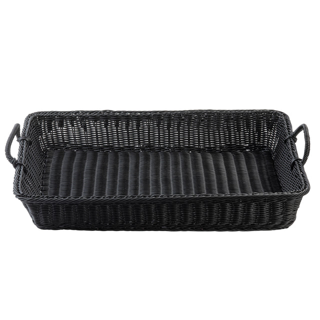 A rectangular black handwoven basket with handles on both short sides. The basket features a woven pattern and slightly raised sides, perfect for carrying or holding items. It is empty and photographed against a plain white background.