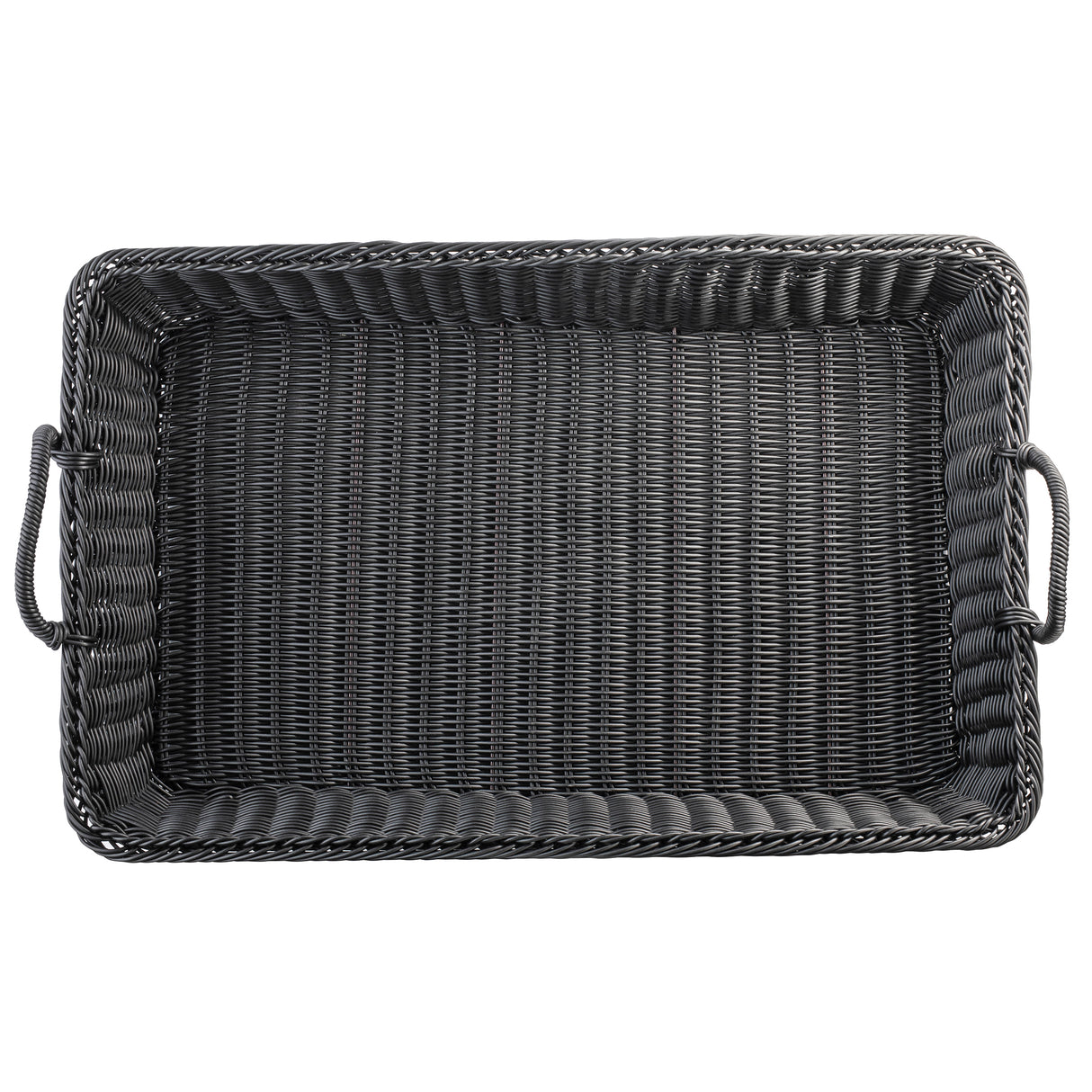 A rectangular basket, handwoven from durable polypropylene, features raised sides and two sturdy handles. Its tight, uniform weave and slightly glossy finish are highlighted in a top-down view against a white background.