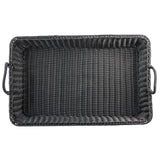 A rectangular basket, handwoven from durable polypropylene, features raised sides and two sturdy handles. Its tight, uniform weave and slightly glossy finish are highlighted in a top-down view against a white background.