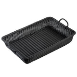 A large rectangular handwoven basket with a tightly woven black wicker base and sides, featuring two handles on each short end. The basket is empty and placed on a white background.
