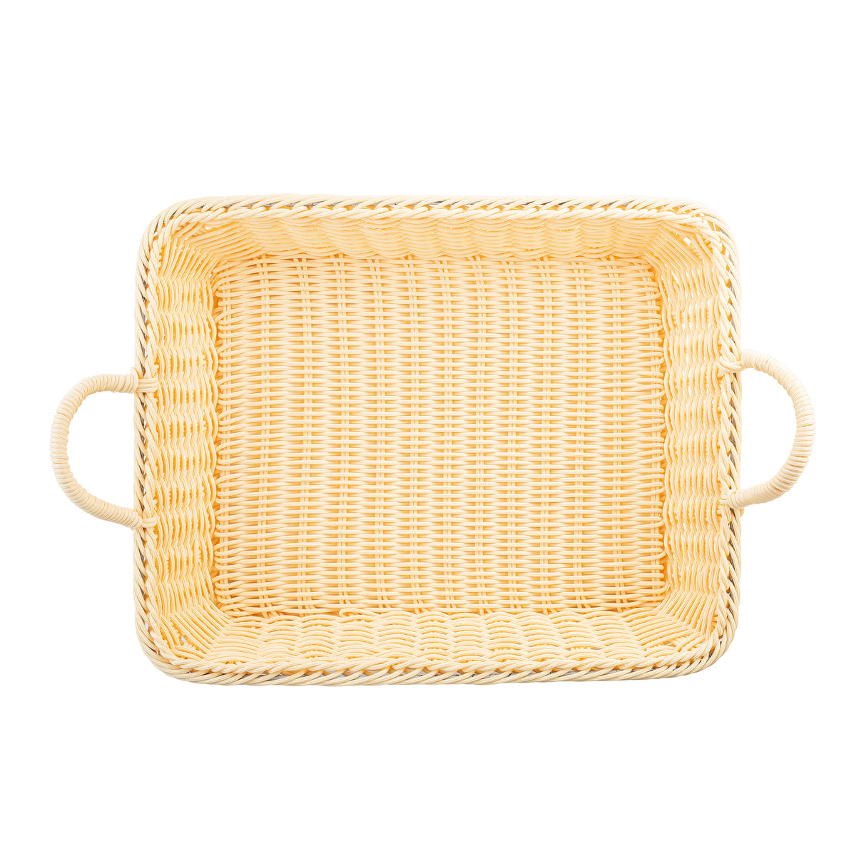 A rectangular, light-colored handwoven basket with rounded corners and two looped handles on opposite sides, viewed from above against a white background. The basket appears empty and has a tightly woven texture.