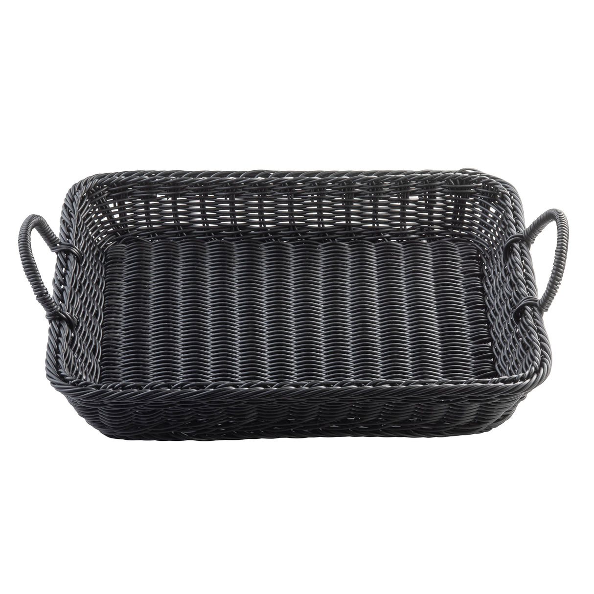 A handwoven rectangular black wicker basket with woven sides and base, featuring two looped handles on either end. This TableCraft basket is empty and displayed against a white background.