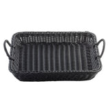 A handwoven rectangular black wicker basket with woven sides and base, featuring two looped handles on either end. This TableCraft basket is empty and displayed against a white background.