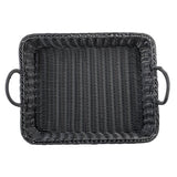 A rectangular, black handwoven basket tray with raised edges and two sturdy side handles, viewed from above. The tight, uniform weave has a slightly glossy finish. With rounded corners, this TableCraft 12135 offers a sturdy, functional appearance.