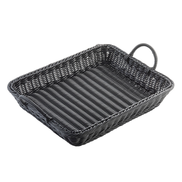 A handwoven rectangular basket by TableCraft, featuring black wicker with rounded corners, woven sides, a single handle on one short side, a flat striped base, and a slightly raised rim for sturdy, decorative appeal.