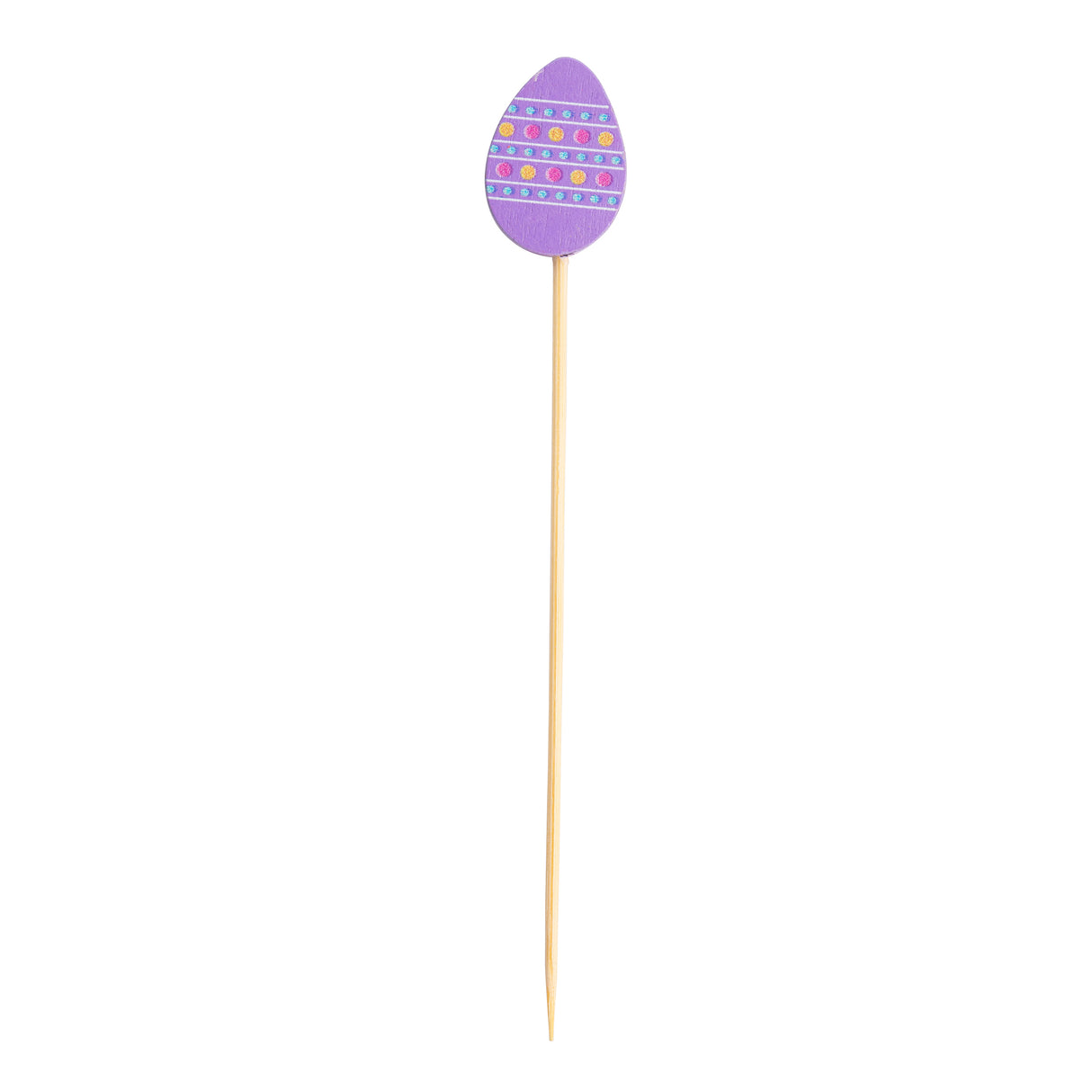 A TableCraft Products bamboo pick topped with a flat, purple egg-shaped decoration featuring colorful horizontal stripes and dots, resembling an Easter egg. The background is plain white. A festive choice from the Decorative Picks collection.