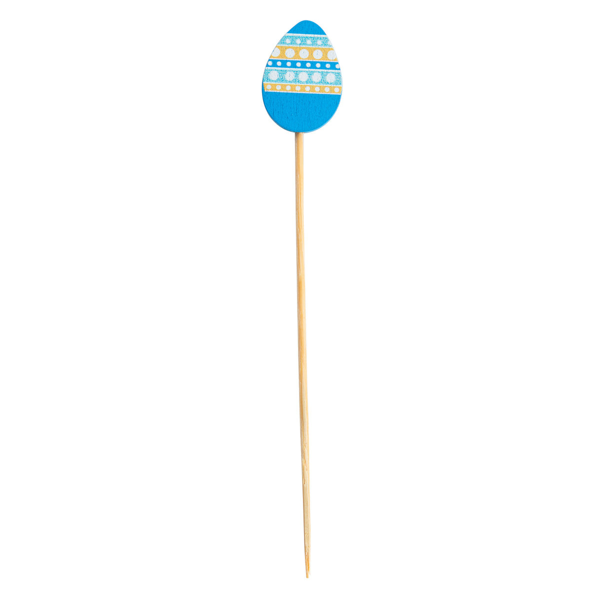 A wooden skewer from TableCraft Products, topped with a flat, blue, egg-shaped decoration featuring horizontal white stripes and dotted patterns, photographed on a white background—perfect as decorative picks for any occasion.
