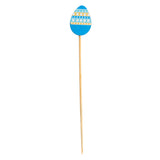 A wooden skewer from TableCraft Products, topped with a flat, blue, egg-shaped decoration featuring horizontal white stripes and dotted patterns, photographed on a white background—perfect as decorative picks for any occasion.