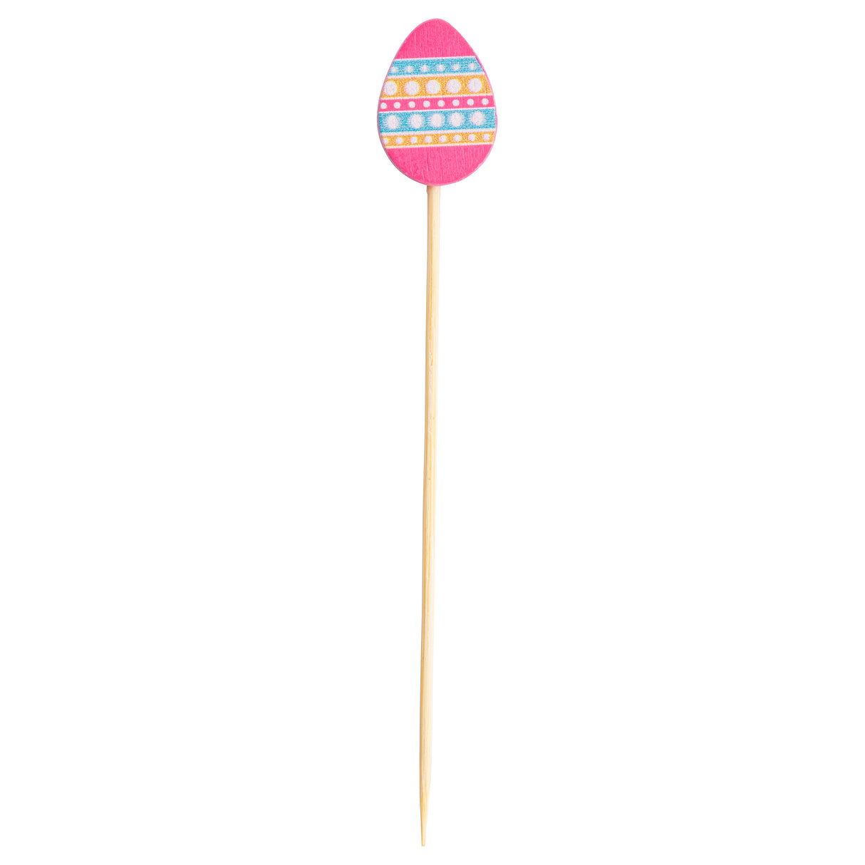 A wooden toothpick with a decorative pink Easter egg topper, featuring horizontal stripes and polka dots. The egg sits atop the stick, which tapers to a point—perfect as Decorative Picks or festive TableCraft Products for any spring event.