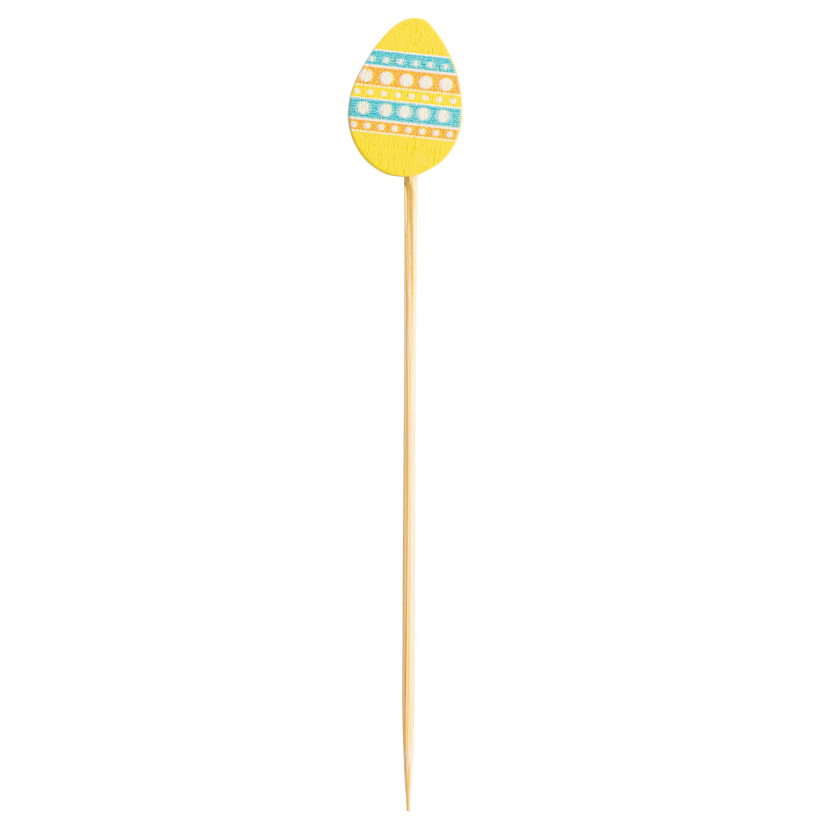 A wooden cocktail stick, part of TableCraft Products' Decorative Picks collection, topped with a yellow, egg-shaped decoration featuring horizontal blue, white, and orange stripes and dots—resembling a festive Easter egg. Pointed end for easy use.