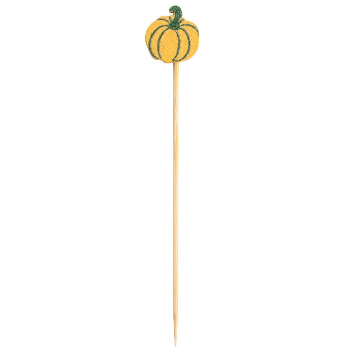 A wooden bamboo pick topped with a flat, decorative cutout of an orange pumpkin with green stripes and a stem. Perfect for appetizers or festive food displays, these decorative picks add charm to autumn gatherings.
