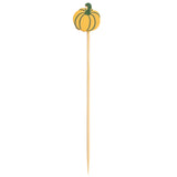 A wooden bamboo pick topped with a flat, decorative cutout of an orange pumpkin with green stripes and a stem. Perfect for appetizers or festive food displays, these decorative picks add charm to autumn gatherings.
