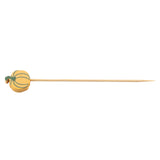 A bamboo pick with a small, flat, yellow pumpkin decoration near the top. The pumpkin has green lines and a green stem, making it perfect for decorative picks or fall leaves picks. The skewer tapers to a pointed end against a plain white background.
