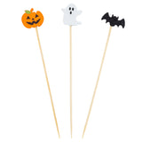 Three wooden decorative picks with Halloween-themed toppers: a smiling orange jack-o-lantern, a white ghost, and a black bat. These TableCraft 12141 Halloween bamboo picks stand out against a white background.