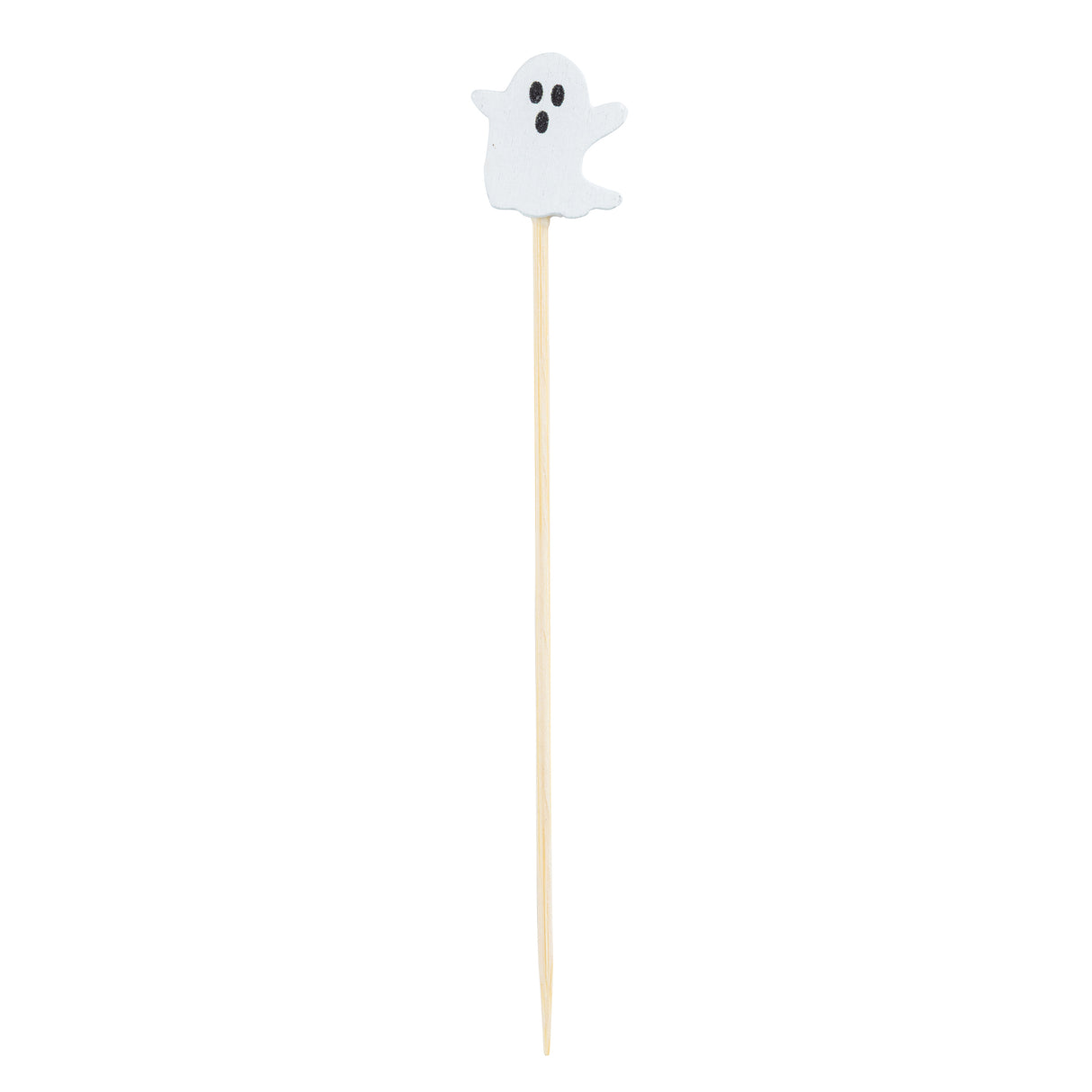 A TableCraft 12141 wooden toothpick topped with a small, white paper ghost cutout—complete with two black eyes and an open mouth—makes these decorative picks perfect Halloween bamboo picks against a plain white background.