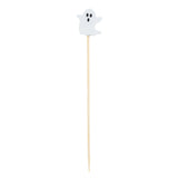 A TableCraft 12141 wooden toothpick topped with a small, white paper ghost cutout—complete with two black eyes and an open mouth—makes these decorative picks perfect Halloween bamboo picks against a plain white background.