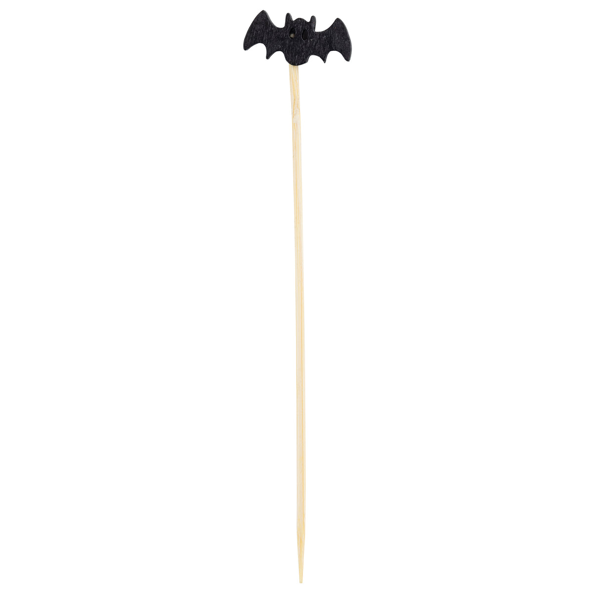 A wooden cocktail stick, part of the TableCraft 12141 Halloween bamboo picks collection, features a black bat-shaped decoration with outstretched wings. The decorative pick is pointed at the bottom and set against a plain white background.