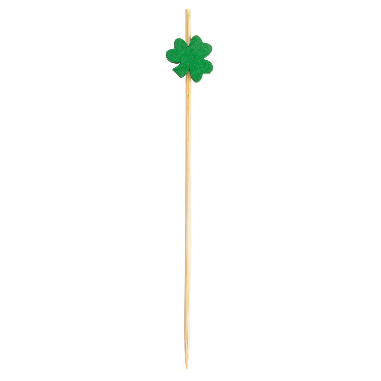 A wooden cocktail pick from TableCraft, with a pointed end and topped with a small green felt shamrock shape, is centered on a white background—perfect for adding festive flair to drinks or appetizers as decorative picks.