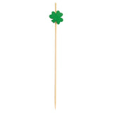 A wooden cocktail pick from TableCraft, with a pointed end and topped with a small green felt shamrock shape, is centered on a white background—perfect for adding festive flair to drinks or appetizers as decorative picks.