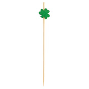 A wooden cocktail pick from TableCraft, with a pointed end and topped with a small green felt shamrock shape, is centered on a white background—perfect for adding festive flair to drinks or appetizers as decorative picks.