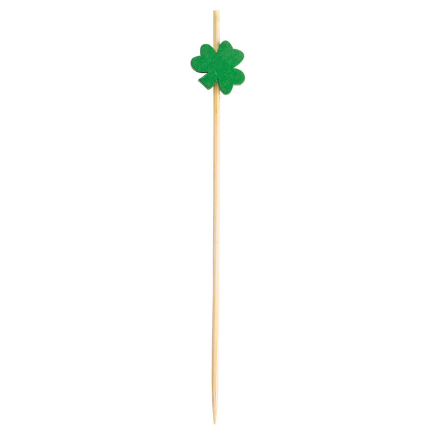A wooden cocktail pick from TableCraft, with a pointed end and topped with a small green felt shamrock shape, is centered on a white background—perfect for adding festive flair to drinks or appetizers as decorative picks.