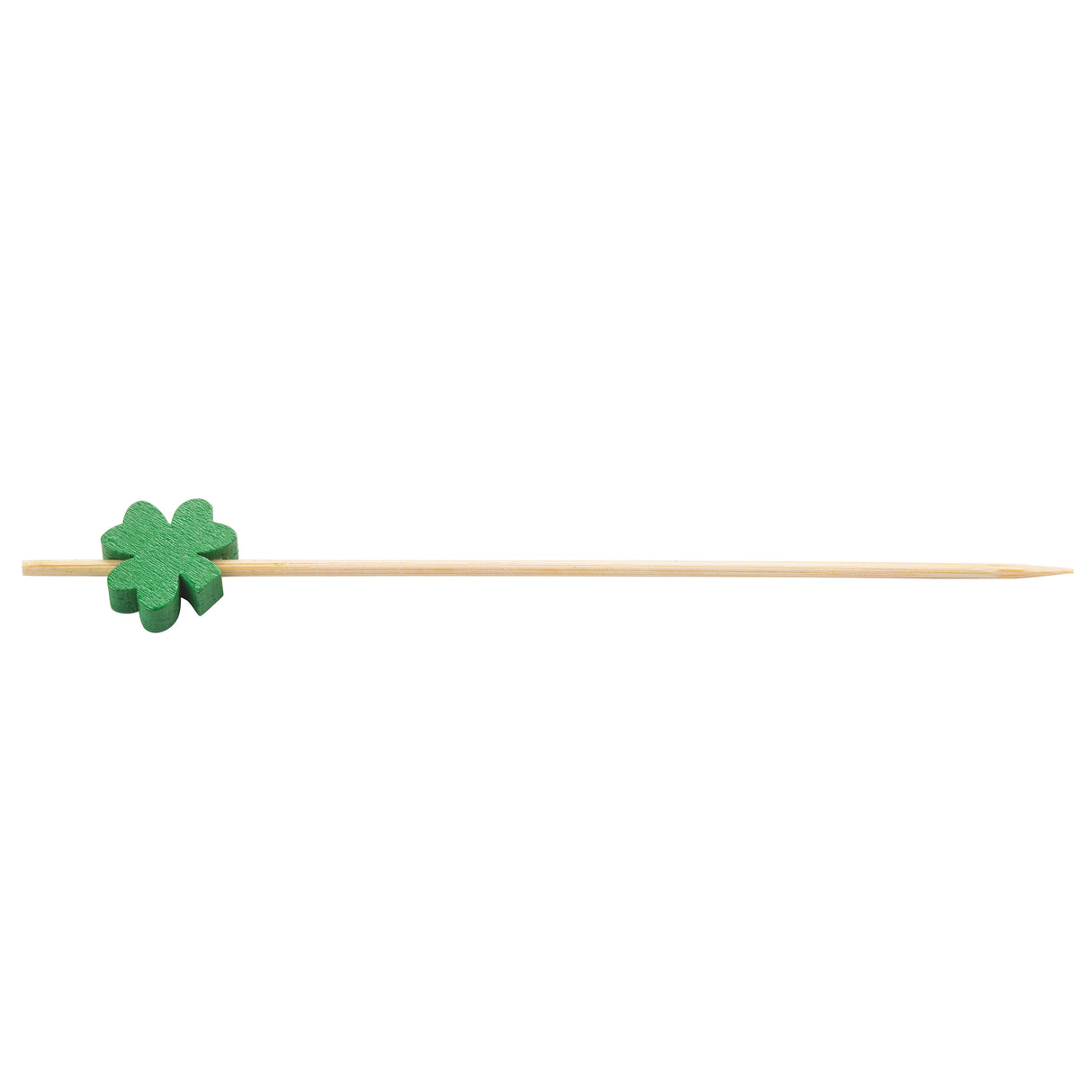 A wooden TableCraft bamboo pick with a pointed tip and a small green shamrock decoration attached near one end, placed on a white background.