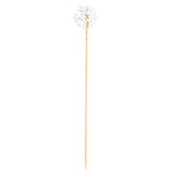 A wooden cocktail pick with a pointed tip, topped with a decorative white paper snowflake. Perfect for festive drinks, these bamboo snowflake picks from TableCraft 12143 add a charming winter touch against the plain white background.