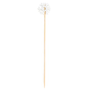 A wooden cocktail pick with a pointed tip, topped with a decorative white paper snowflake. Perfect for festive drinks, these bamboo snowflake picks from TableCraft 12143 add a charming winter touch against the plain white background.