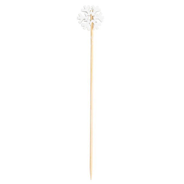 A wooden cocktail pick with a pointed tip, topped with a decorative white paper snowflake. Perfect for festive drinks, these bamboo snowflake picks from TableCraft 12143 add a charming winter touch against the plain white background.