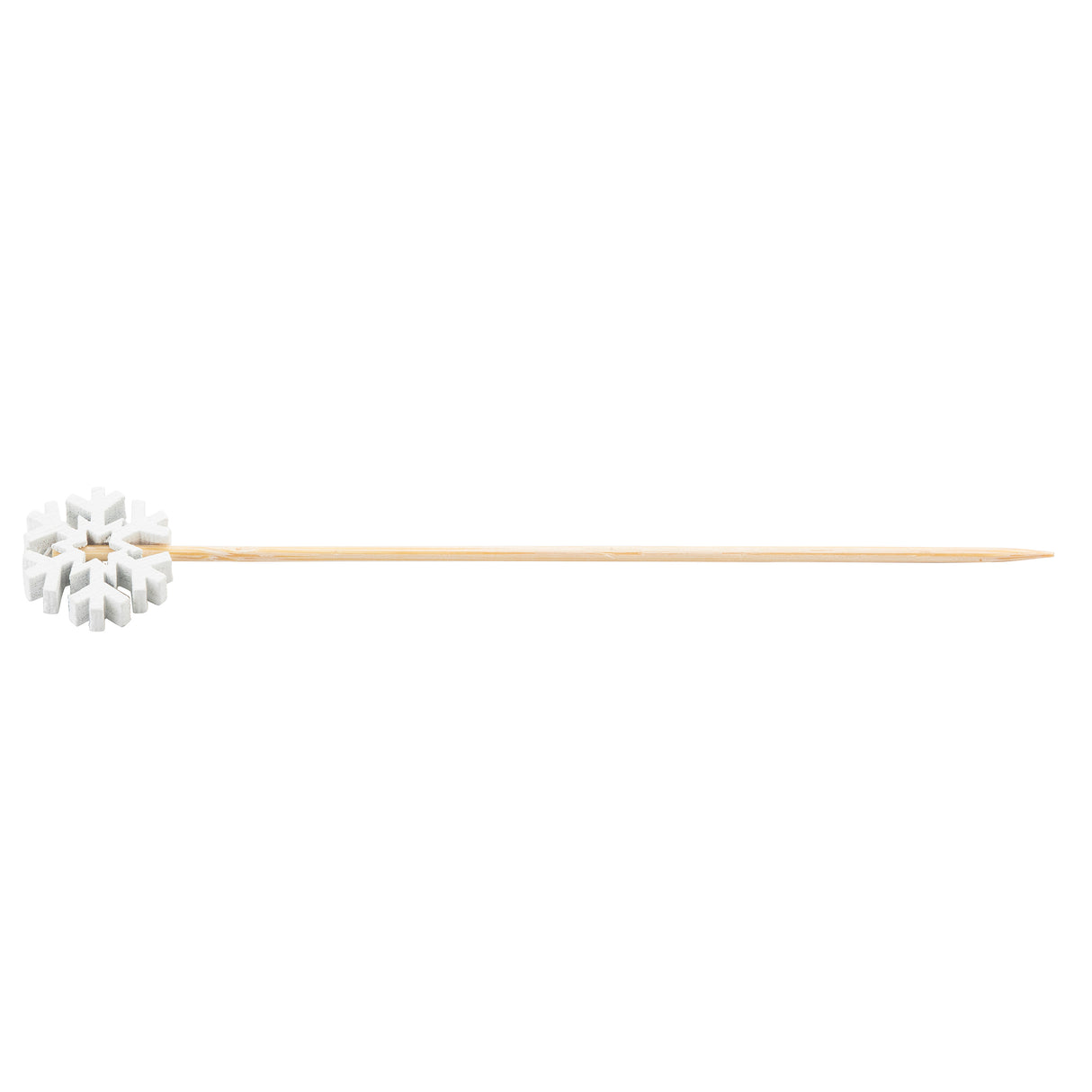 A bamboo skewer with a white plastic snowflake-shaped decoration near one end, perfect as decorative picks. The detailed snowflake has six branches, while the skewer tapers to a point. Ideal for parties, these are TableCraft 12143 bamboo snowflake picks.