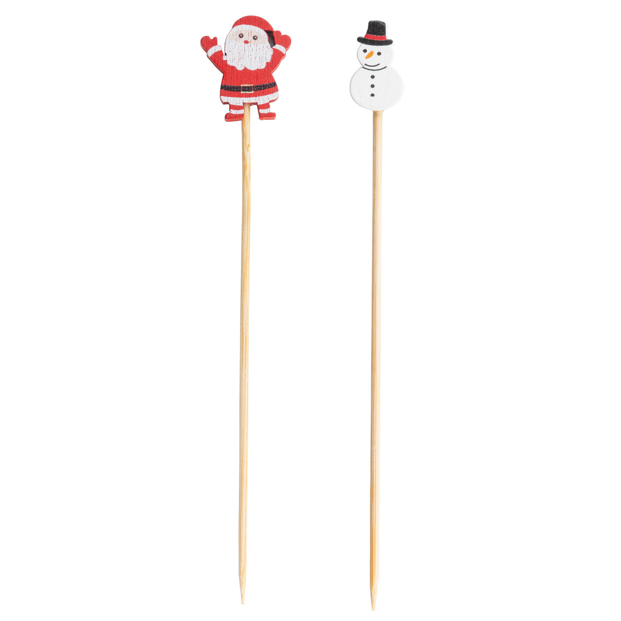 Two vertical decorative picks are shown: the left is topped with a cartoon Santa, the right with a smiling snowman. These festive bamboo picks make charming holiday party supplies for snacks or desserts.