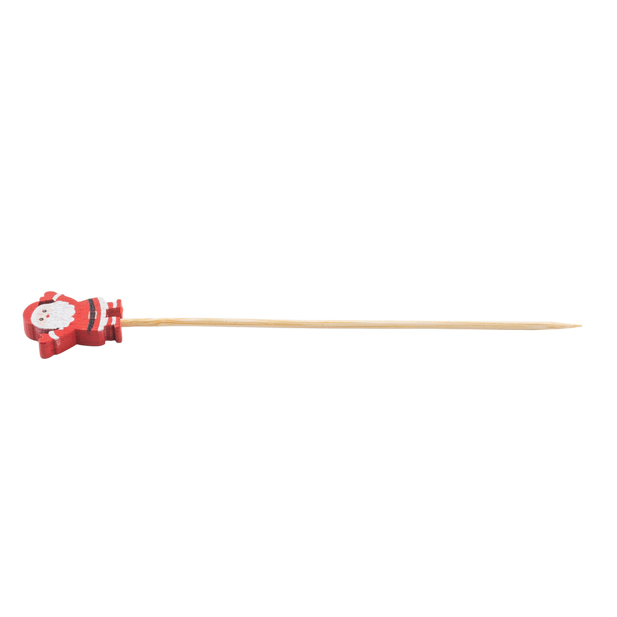 A wooden decorative pick with a small, festive Santa Claus figure attached to one end. Perfect for holiday party supplies, the red and white Santa adds charm, while the bamboo pick tapers to a pointed tip. The background is white.