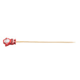A wooden decorative pick with a small, festive Santa Claus figure attached to one end. Perfect for holiday party supplies, the red and white Santa adds charm, while the bamboo pick tapers to a pointed tip. The background is white.