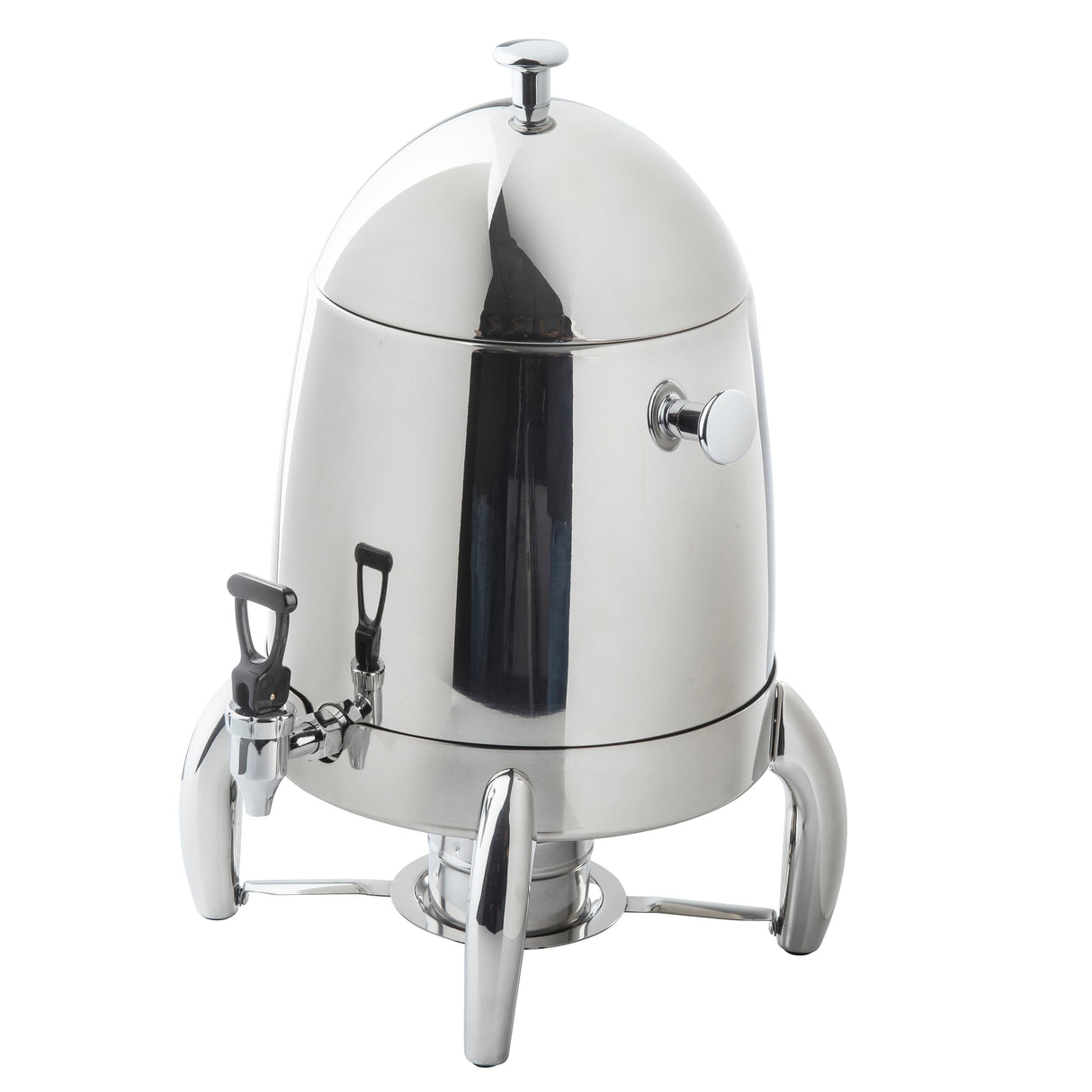 A shiny, 3 gallon, stainless steel coffee urn with a dome-shaped lid, side handle, spigot for dispensing, and three curved legs. The polished metal surface reflects light, and its design resembles a small rocket or capsule.