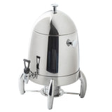 A shiny, 3 gallon, stainless steel coffee urn with a dome-shaped lid, side handle, spigot for dispensing, and three curved legs. The polished metal surface reflects light, and its design resembles a small rocket or capsule.