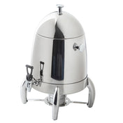 A shiny, 3 gallon, stainless steel coffee urn with a dome-shaped lid, side handle, spigot for dispensing, and three curved legs. The polished metal surface reflects light, and its design resembles a small rocket or capsule.